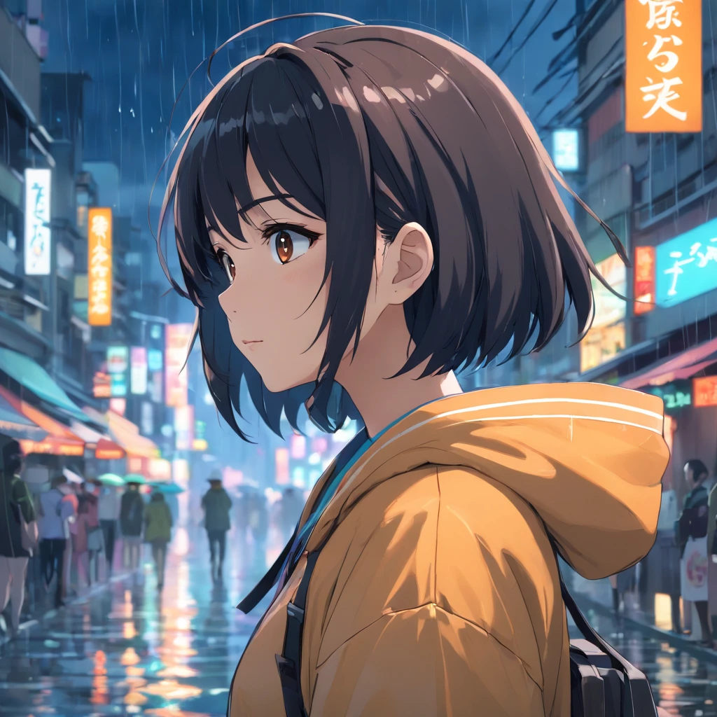 Anime girl in yellow jacket standing in the rain in a city - SeaArt AI