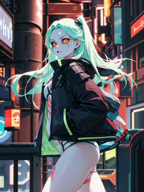 masterpiece, best quality, highres, 1girl, rebecca \(cyberpunk\), solo, long hair, mechanical eye, colored sclera, red sclera, colored skin, white skin, leg tattoo, neck tattoo, green hair, long hair, small breasts, underwear, fang, red pupils, skin fang, ...