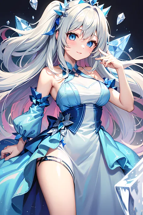 a girl with 2 light blue ponytailed hair, a light blue double layered outfit, wearing a tiara made of ice shards, a icy backgrou...