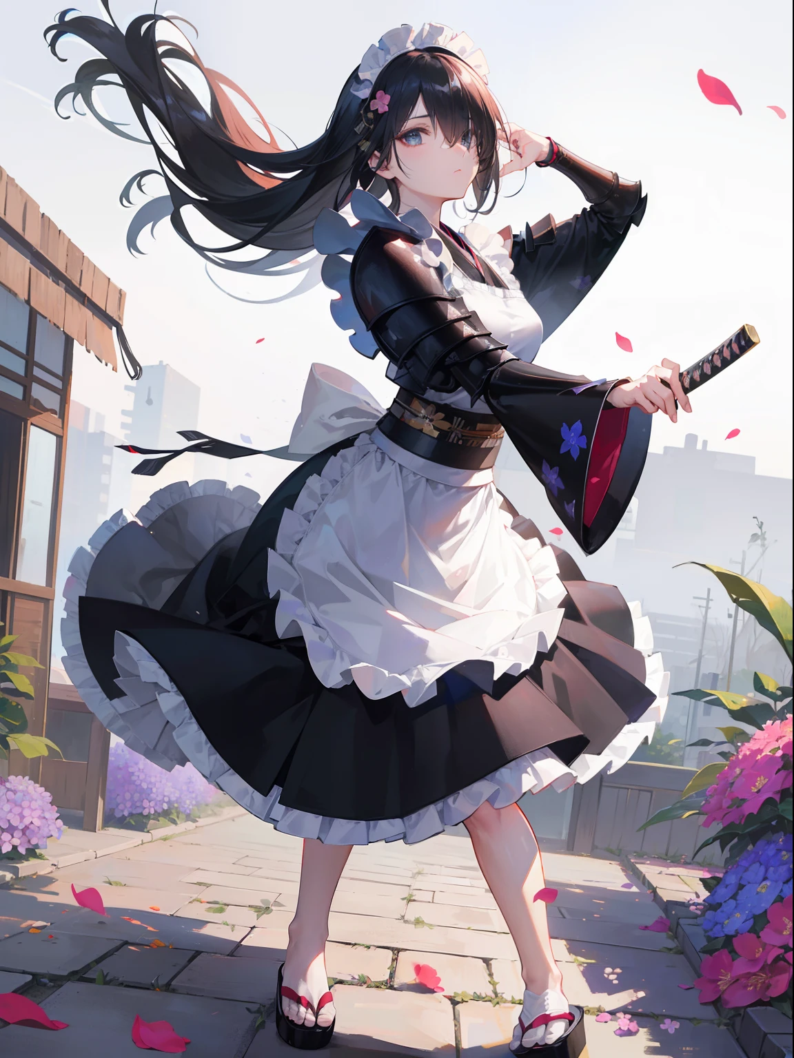 Best Quality, (Extremely detailed: 1.5), masutepiece, 超A high resolution,(photographrealistic:1.4), 1 beautiful girl, Cowboy Shot, (Wear battle armor:1.4), (Wear battle armor:1.6), (Floral part terund black kimono:1.6), (maid:1.6), Black Maid Micro Skirt, holding a katana, Long straight hair, Hair over one eye,(Big eyes:1.1), Black hair, (Raw feet:1.3),Wind, Dynamic Angle, Dynamic Pose