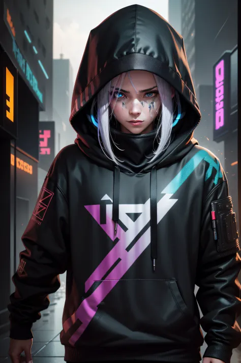"Shot of a glorious cyberpunk hacker wearing a hoodie!! Splattered! : intricate hyperdetailed: professional photography, natural lighting, volumetric lighting hypermaximalist photoillustration 8k resolution concept art intricately detailed, hiper-realistic...
