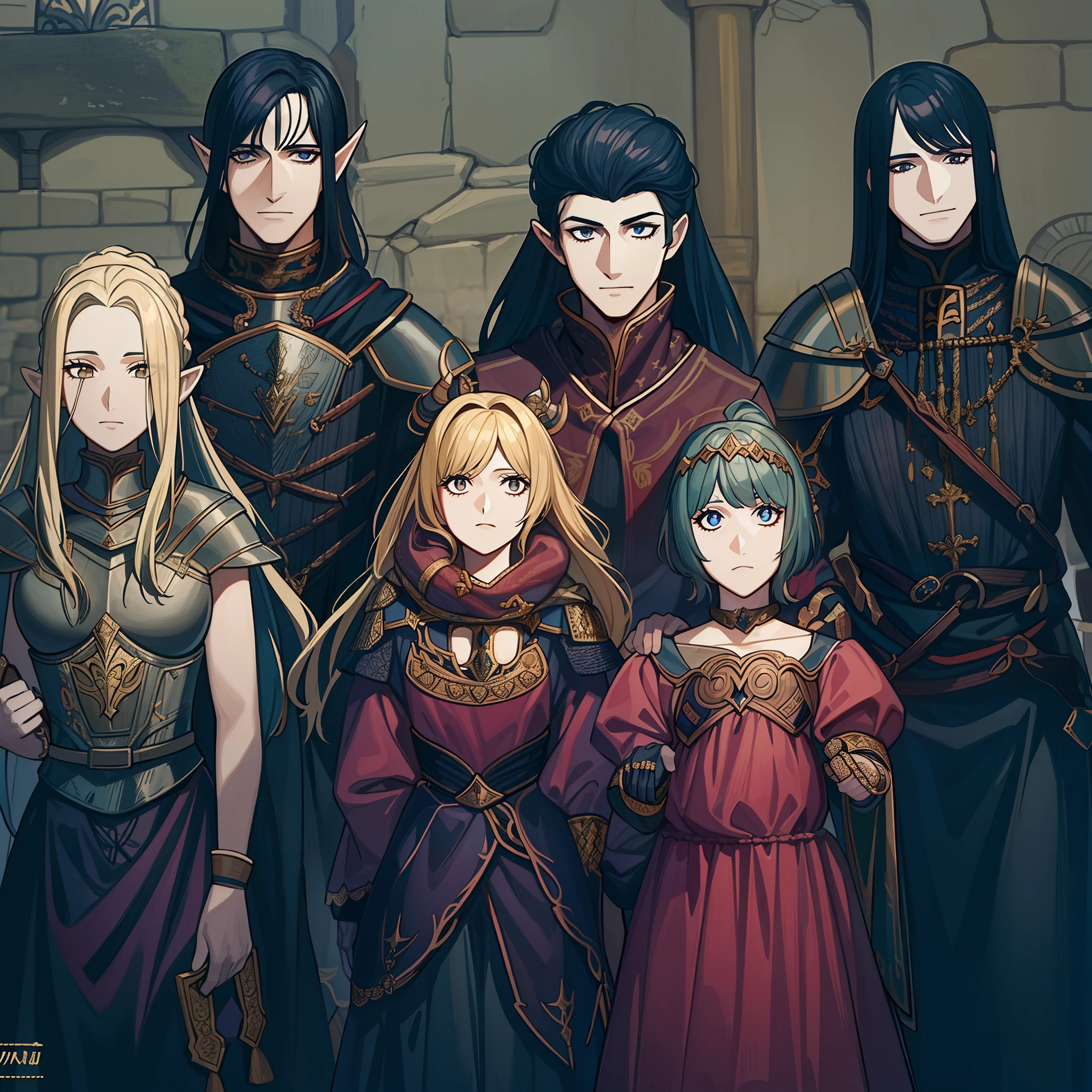 una fotografía de una familia en la época medieval,4 elfos menores con otros 2 elfos como padres,la mujer elfa con armadura roja y el padre elfo con una mirada tranquila, estilo manga dark