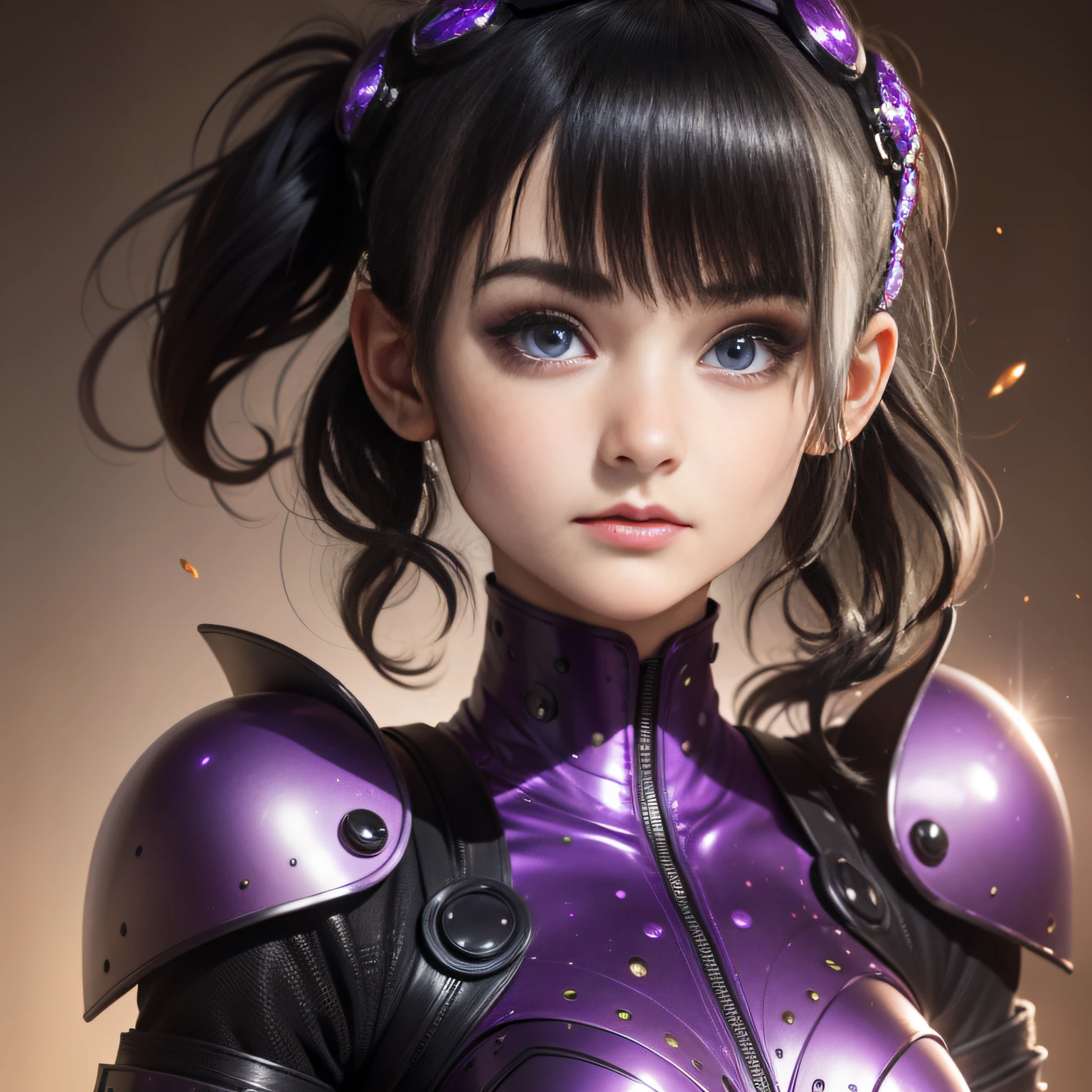 Woman with wavy black hair and purple eyes, Black Alien Armor, freckle, blush, eyeshadows, Cute face