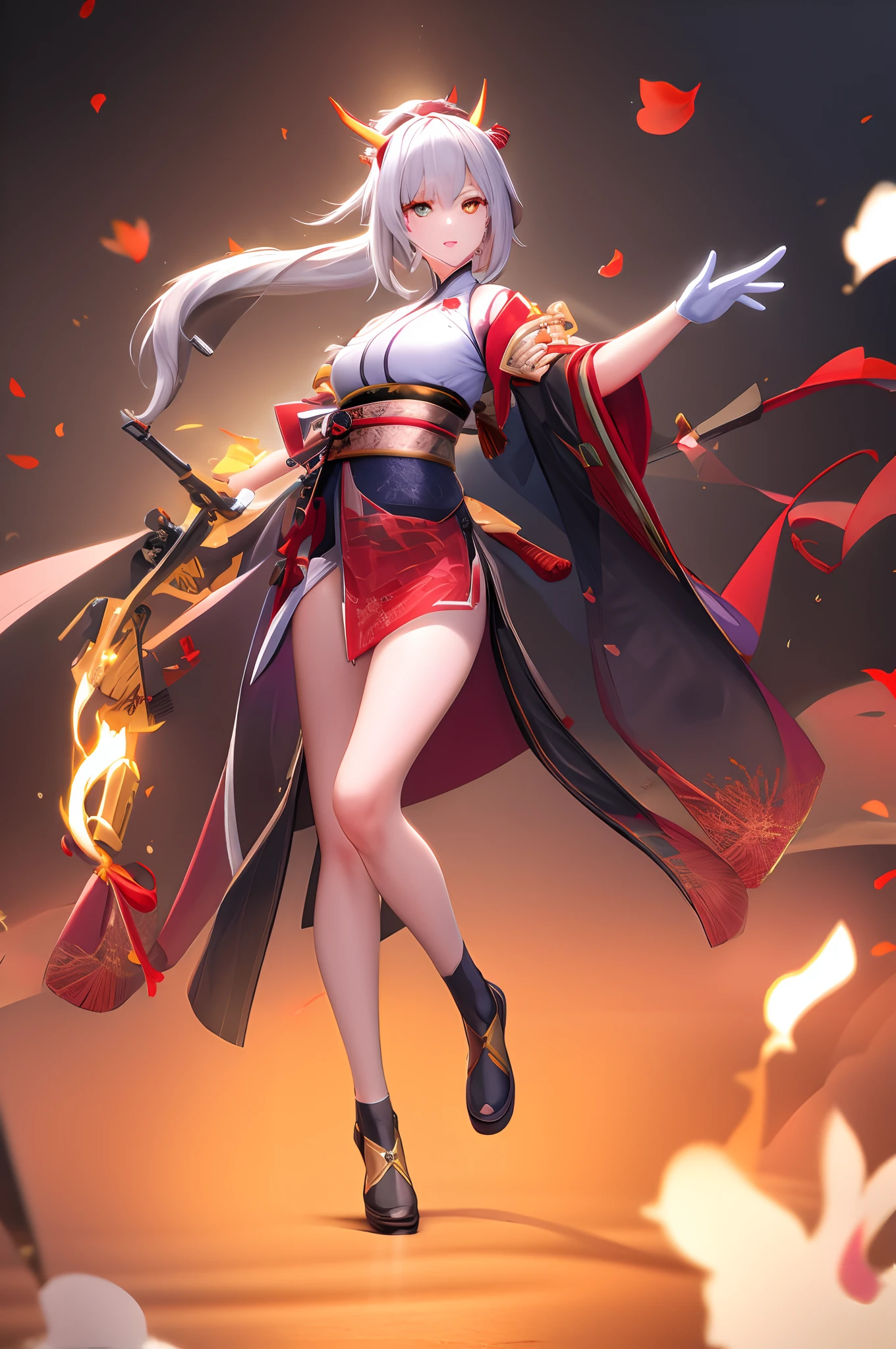 1girl, mature face, alone, standing, looking past viewer, (perfect face:1.4), very long ponytail gray hair, floating hair, gold eyes, white Chinese dress, red skirt, twin short horn, 1 rifle, a single red hair in the middle hair, white gloves, bare arm , white arm sleeve, black heel shoe, right leg high thigh black knee sock, one leg black stocking, standing, aiming stance, 2 funnel, japan temple, lighting spark around, floating sakura leaf, best quality, masterpiece, 8k, HDR, ultra-detailed artwork, cinematic lighting, Robotic presence, elegant, sharp focus, soft lighting, vibrant colors, dynamic pose,