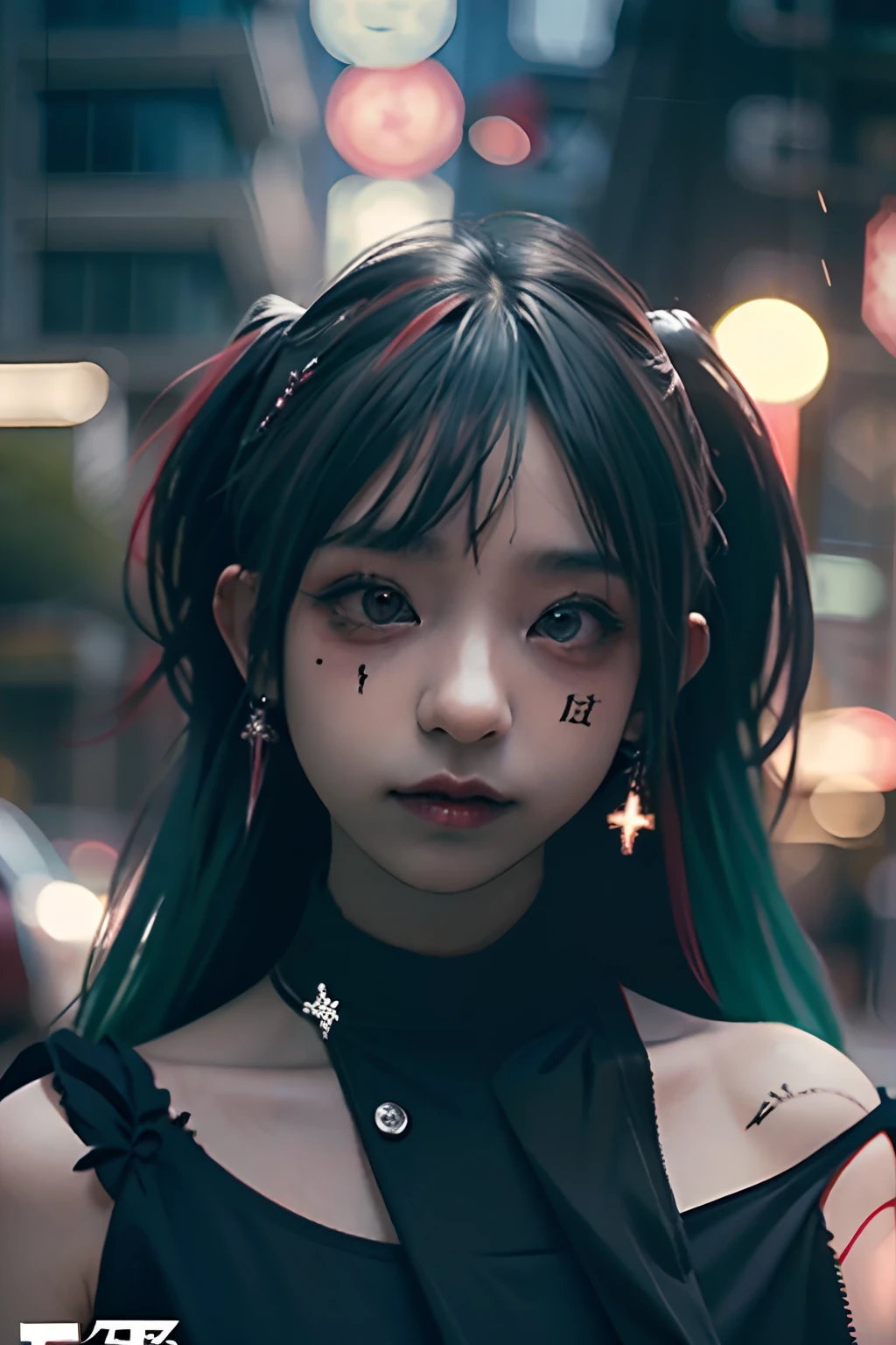 A MILF、Colossal 、Photorealsitic, hight resolution, miku hatsune、Green hair、Sleeveless、The tattoo、head phone、🎧、goth_punk, 1girl in, solo, Walking in Harajuku, ((during night)), bokeh dof, Neon light, Iridescent eyes, starrysky, red glowing hair, Black eyebrows, Radiant hair, (iridescent red hair), 耳Nipple Ring, bangss, jewely,, bluntbangs, verd s eyes, blurry backround, bblurry, hair adornments, Look at viewers, shorth hair, portraitures, side locks
