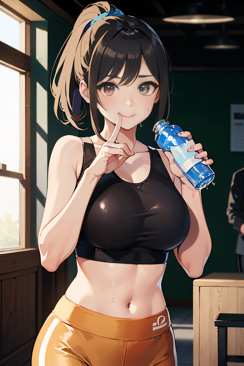 Girl running in the park,(((Drink bottled water))),Jade sweat,(Expressed  with a glossy iridescent metallic luster、Bright sports bra and  leggings.:1.3).Glossy light brown and orange striped shorthair,disheveled  ponytail - SeaArt AI