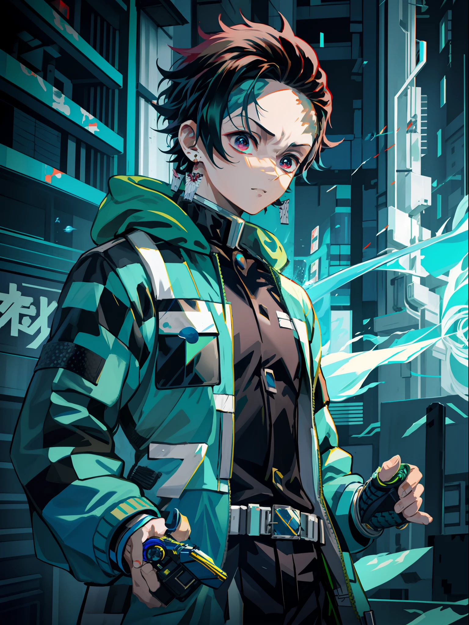 Tanjiro porte une veste cyberpunk vert clair, épée bleue, feu bleu et aura autour de lui, thème cyberpunk, 4k, ultra pointu