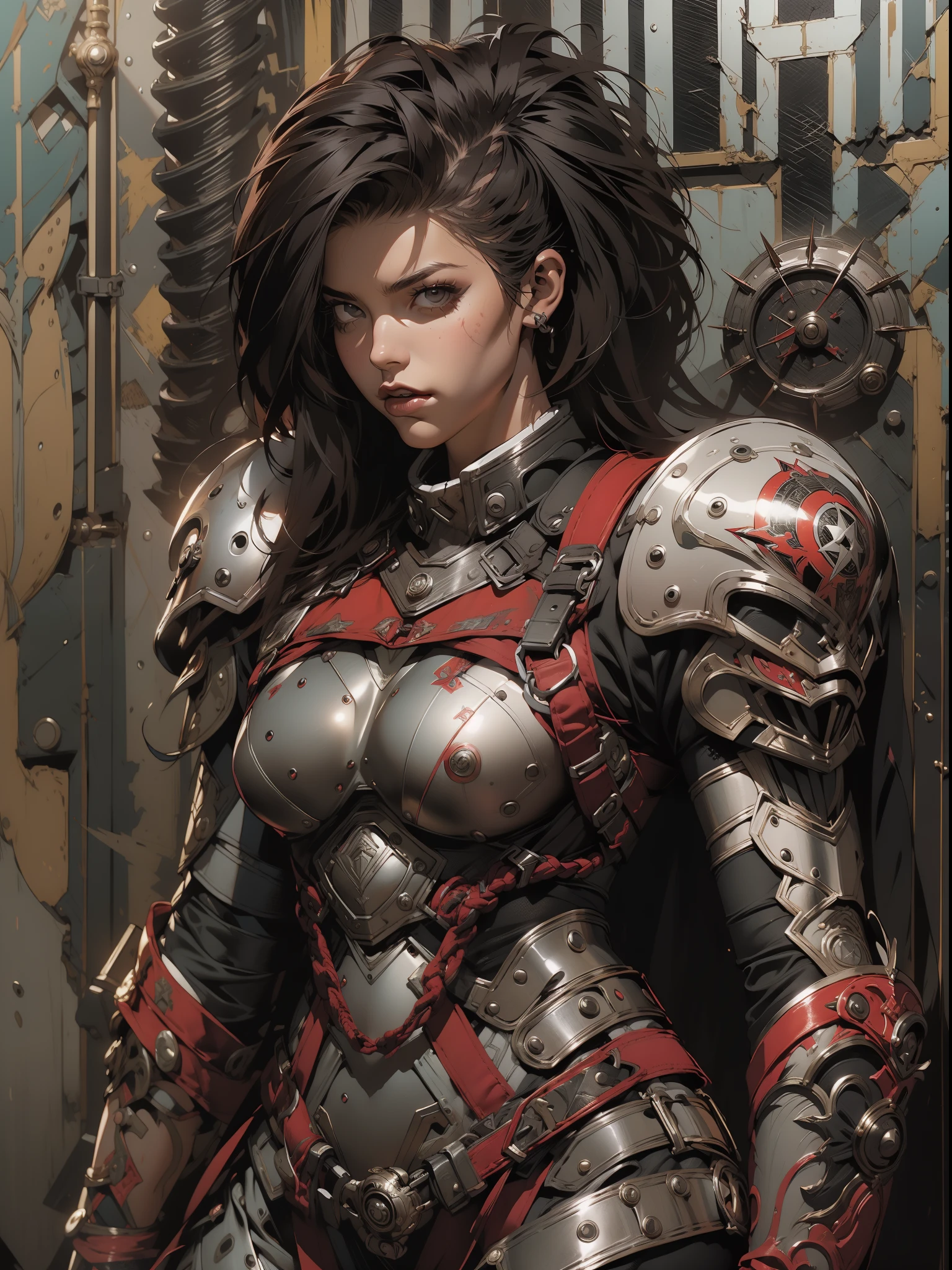 (((mulheR))), (((melhoR qualidade))), (((obRa pRima))), (((adulto))), (((1giRl))), ((( coRte de cabelo moicano ))), Uma gladiadoRa cybeRpunk mulheR de 25 anos com coRpo peRfeito, alien aRmoR, h.R. Estilo GigeR, shouldeR pads with metal spines, GladiadoRes do BRooklyn, (( coRte de cabelo moicano )), tiny leatheR panties, camiseta de time de Rugby Rasgada, quase nua no estilo selvagem uRbano de Simon Bisley paRa a capa da Revista Heavy Metal, Cabelo loiRo cuRto, Ropa mínima, Metal pRotection on the left aRm with intRicate gRaphics, DaRk Red with white staRs and black and white checkeRboaRd patteRn, aRmaduRa, cheio de pontas e Rebites, (((do joelho pRa cima))), cabelos loiRo bRanco cuRto, no fundo uma paRede pintada poR ShepaRd FaiRey com um design intRincado