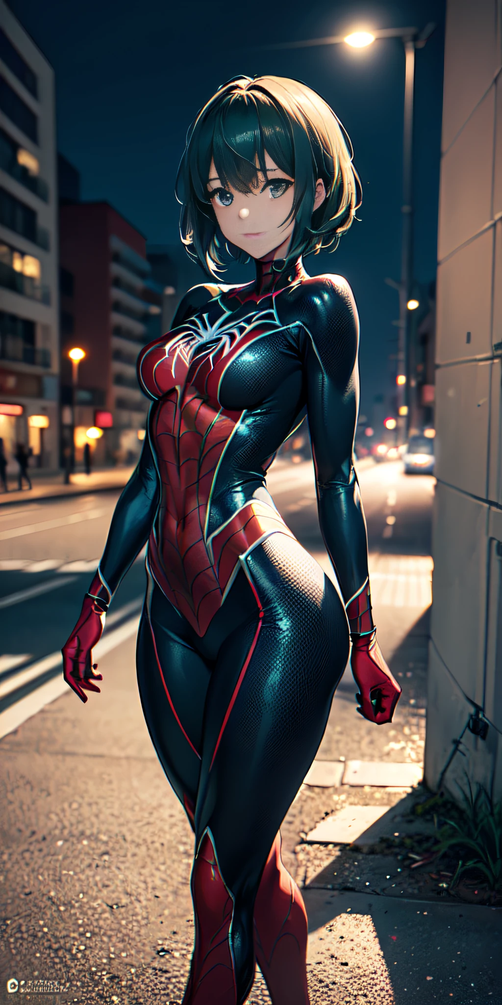 animé, animé profesional, (Chef-d&#39;œuvre, Résolution 4K, ultra réaliste, Très détaillé), (Thèmes de super-héros couleurs noires et rayures vert clair fluorescentes, charismatique, il y a une fille en haut de la ville, vêtu du costume Spider-Man noir et vert fluo, c&#39;est une super-héroïne), [ ((25 ans), (longs cheveux blancs: 1.2), Fine construction, Corps plein et parfait, (yeux bleus: 1.2), ((pose très audacieuse), (paysage urbain, la nuit, lumières dynamiques), (pleine lune)))]