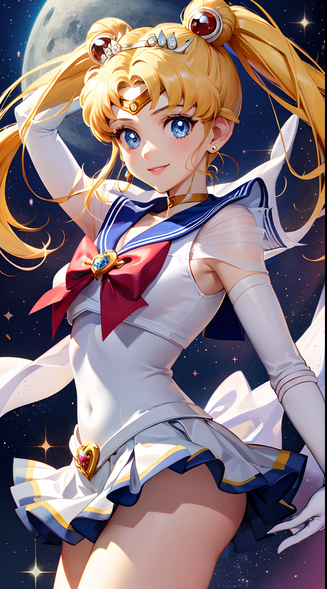 Masterpiece, Best Quality, Hi-Res, Moon 1, 1 Girl, Solo, Sailor Senshi Uniform, Sailor Moon, Usagi Tsukino, Blonde, Magical Girl, Blue Eyes, White Panties, Red Scarf, Elbow Gloves, Tiara, Blue Skirt, Pleated Skirt, Mini Skirt, Choker, White Gloves, Jewelry, Earrings, Smile, Background Is moon surface (Excellent Detail, Excellent Lighting, Wide Angle), skirt lift, show panties,