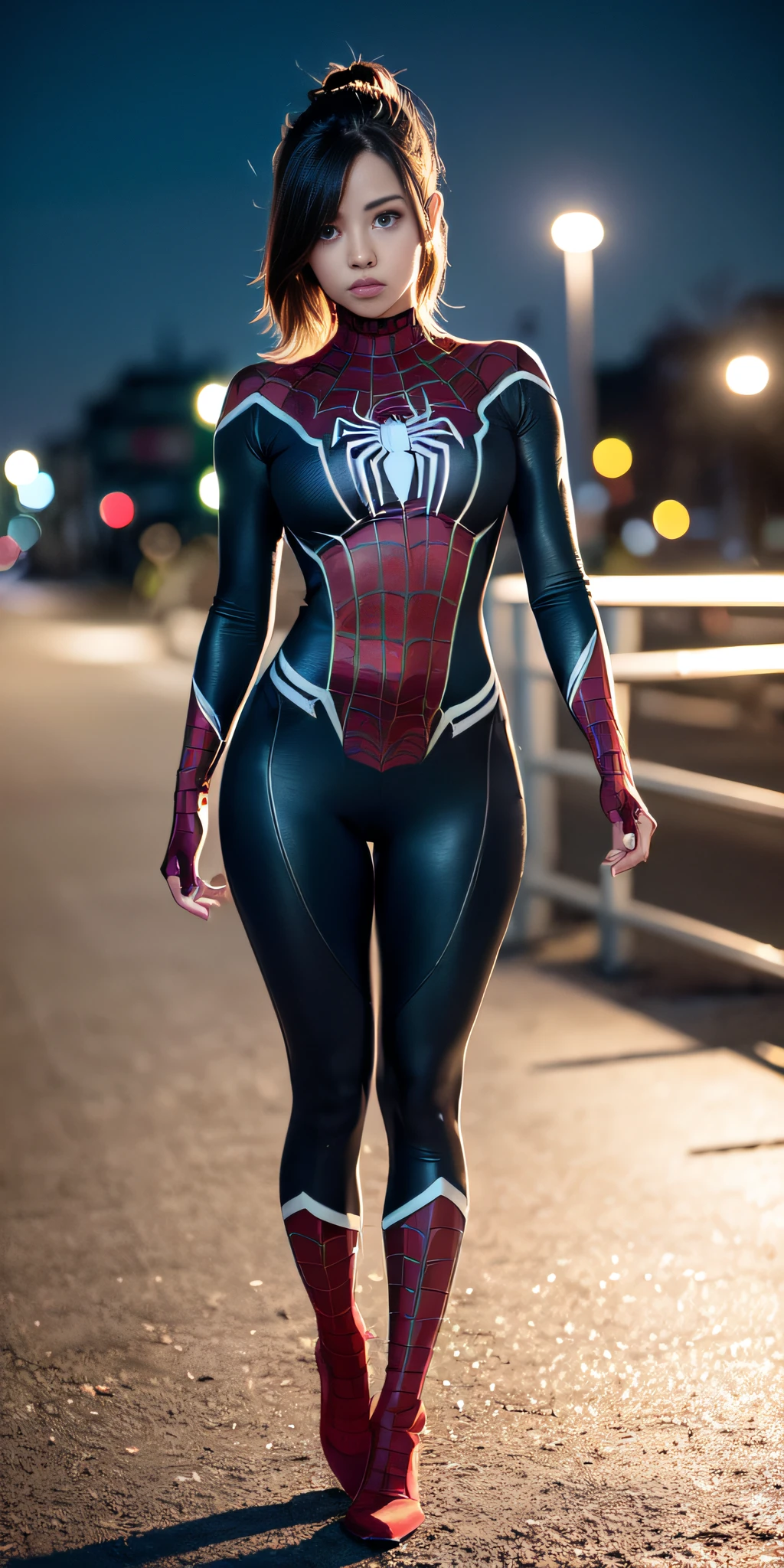 A woman in a spider - man suit walking down a street - SeaArt AI