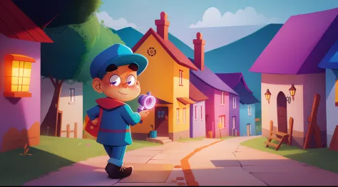 cartoon image, vibrant colors, Determined to solve the mystery, 4-year-old Tommy grabbed his toy detective hat and his plastic flashlight. He went out to investigate, walked around the village and talking to the villagers.