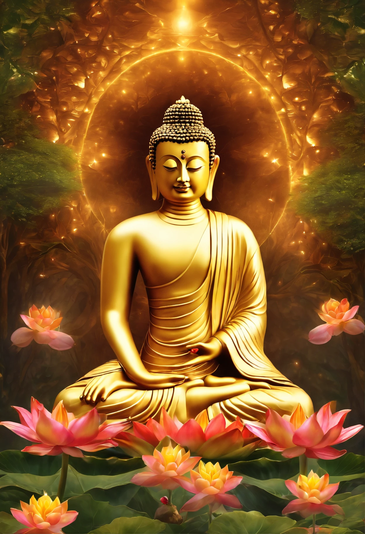 A golden buddha statue sitting in a lotus garden surrounded by flowers ...