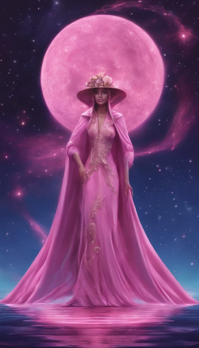 A distant cosmic being, Standing in a pink robe, abaixo de um portal. The female cosmic being with uM stick touching the water ground in one hand and a FLASHLIGHT in the other hand, de frente para o portal e de volta para a tela, contra um fundo de violeta, azul, e roxo, A sky full of stars, com um grande, Lua Cheia Brilhante.