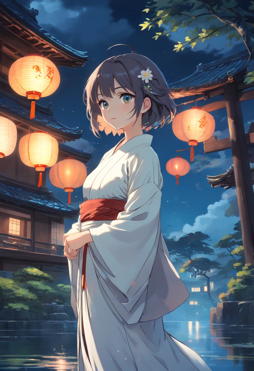 1girl in, breastsout, 。.lua, lanthanum, natta, soio, large full breasts, hair adornments, Wet, kimono, Japanese dress, Wade, Water, flower in hair, florals, outside of house, Heaven, Take the key, Sateen, A dark-haired, Off the shoulders, mont, cloud, property, tape, bare shoulders​, Paper Lanterner, Standing, White kimono, nigh sky, lateral, Obi, Wet Clothes, fringe, tree, across, reflection, Short hair, Cloudy sky, wetting hair (((Master Parts),(highly detailed CG unit 8k wallpaper),Best Quality,,soio,1girl in,Cinematic lighting,细致背景,beatiful detailed eyes,Bright pupils, (extremely delicate and beautiful),(Beautiful and detailed eyes description)， ultra-detailliert,Master Parts,))