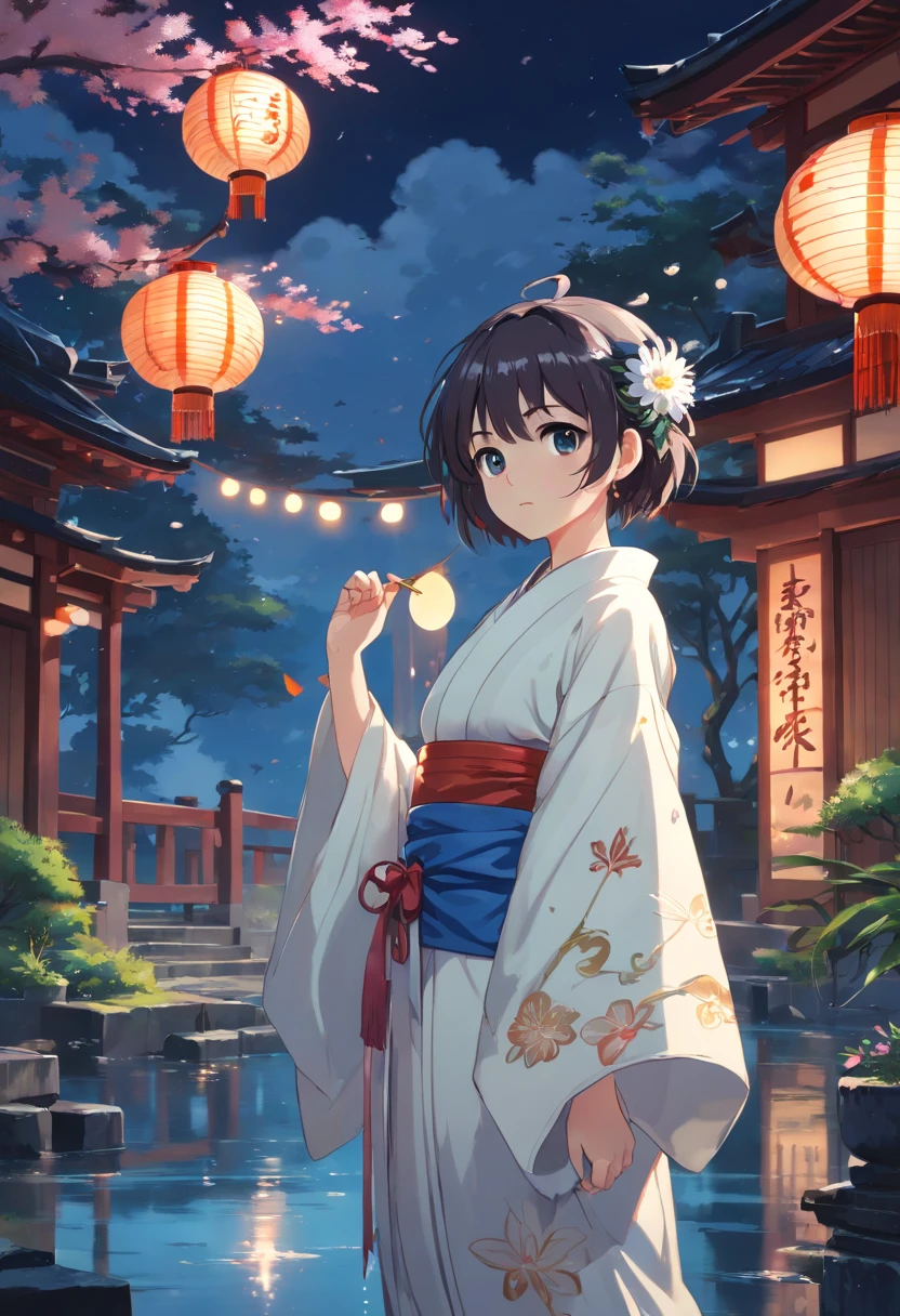 1girl in, breastsout, 。.lua, lanthanum, natta, soio, large full breasts, hair adornments, Wet, kimono, Japanese dress, Wade, Water, flower in hair, florals, outside of house, Heaven, Take the key, Sateen, A dark-haired, Off the shoulders, mont, cloud, property, tape, bare shoulders​, Paper Lanterner, Standing, White kimono, nigh sky, lateral, Obi, Wet Clothes, fringe, tree, across, reflection, Short hair, Cloudy sky, wetting hair (((Master Parts),(highly detailed CG unit 8k wallpaper),Best Quality,,soio,1girl in,Cinematic lighting,细致背景,beatiful detailed eyes,Bright pupils, (extremely delicate and beautiful),(Beautiful and detailed eyes description)， ultra-detailliert,Master Parts,))