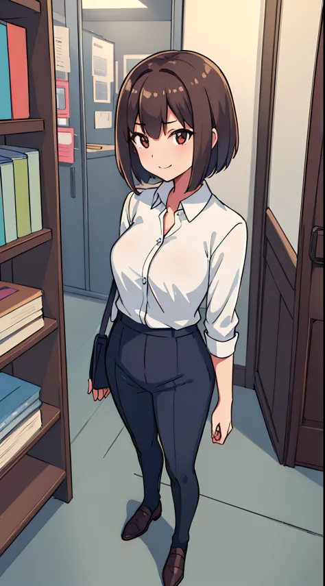 hiquality, tmasterpiece (One adult girl). Tall stature. solid. office worker, Bob hairstyle. short, straight hair, brown-hair,  brown eye. ssmile. The clothes: Women's office suit with white shirt.