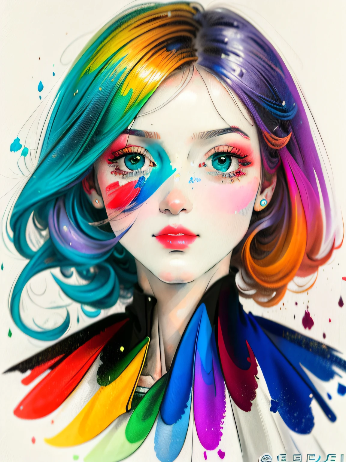 awardwinning,most impressive,((a portrait painting of 1 woman with a colorful dress and hair)), beautiful digital art, (Alberto Seveso style),Best composition,harmony,((Beautiful  eyes)),extremely detaild,centred,textured fabric,(((a face)))