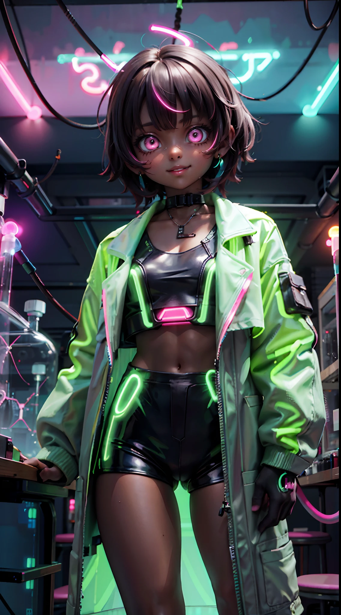 POC, dark skin, brown skin, black girl, cute, dressed in neon green, toxic, toxicology, coat, (dynamic:1.1), glowing, neon glow, (neon lights:1.5), skulls, melty, test tube, crazy scientist, (science, tech:1.5)