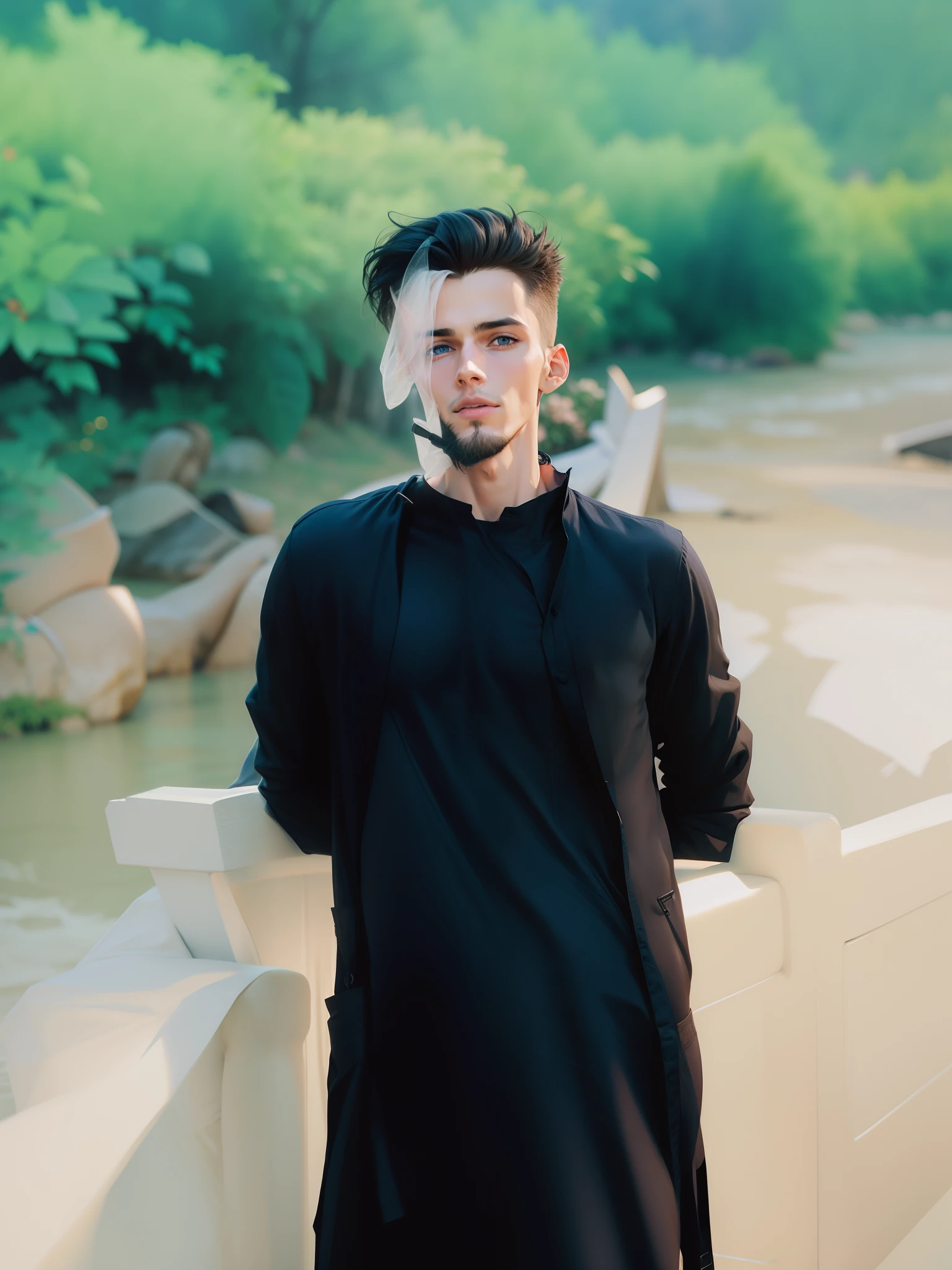 Arafed man in black shirt standing on a bridge next to a river - SeaArt AI