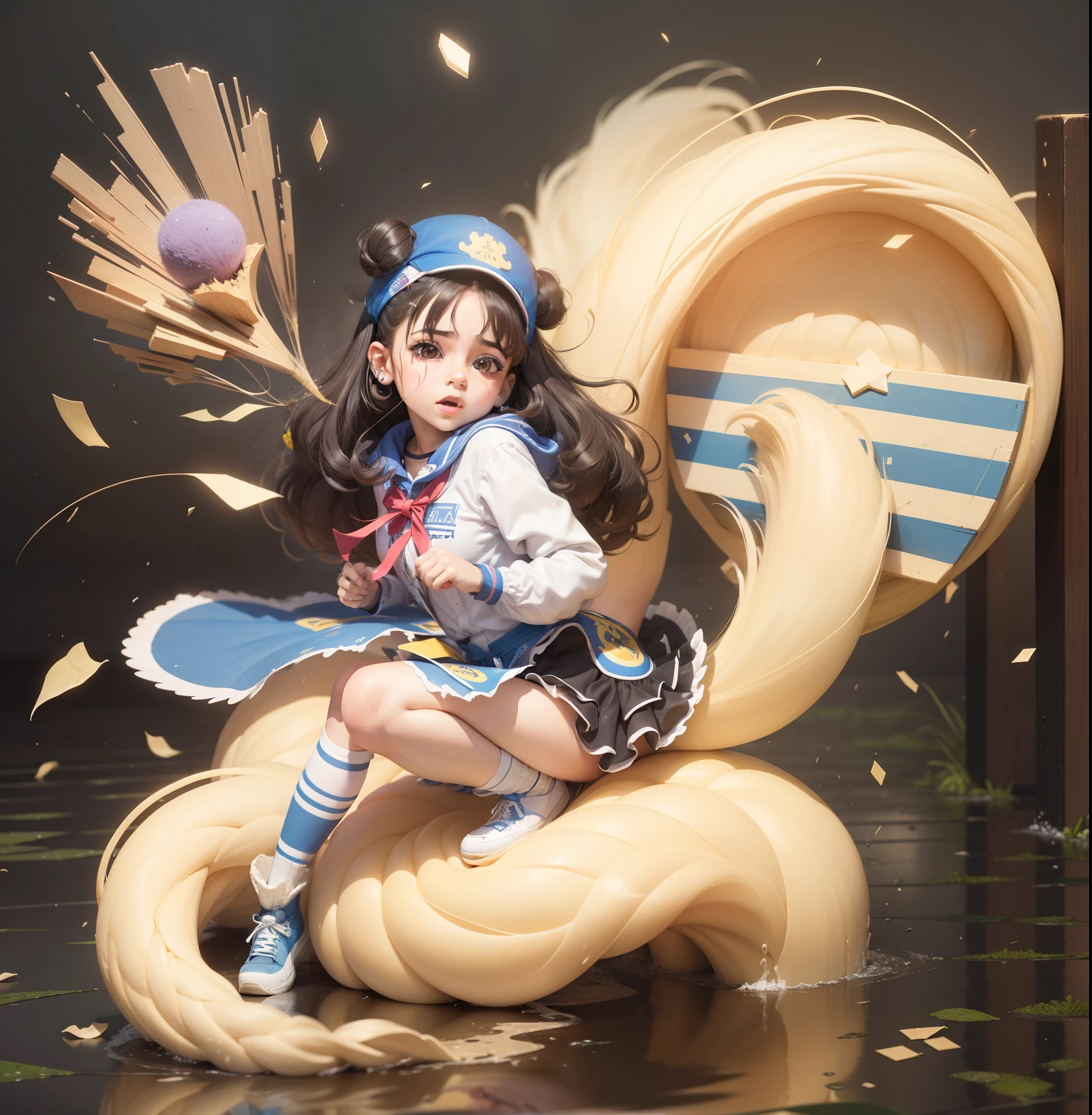 Anime girl sitting on a giant banana with a tennis racket - SeaArt AI