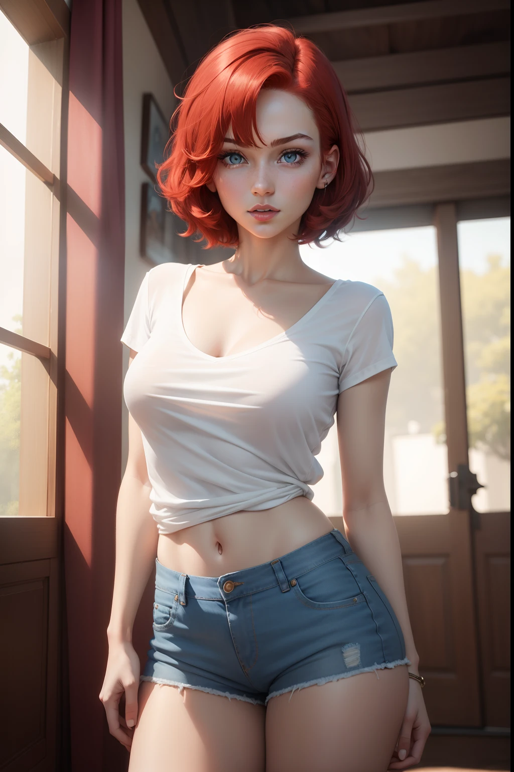 A woman with red hair and a white shirt posing for a picture - SeaArt AI