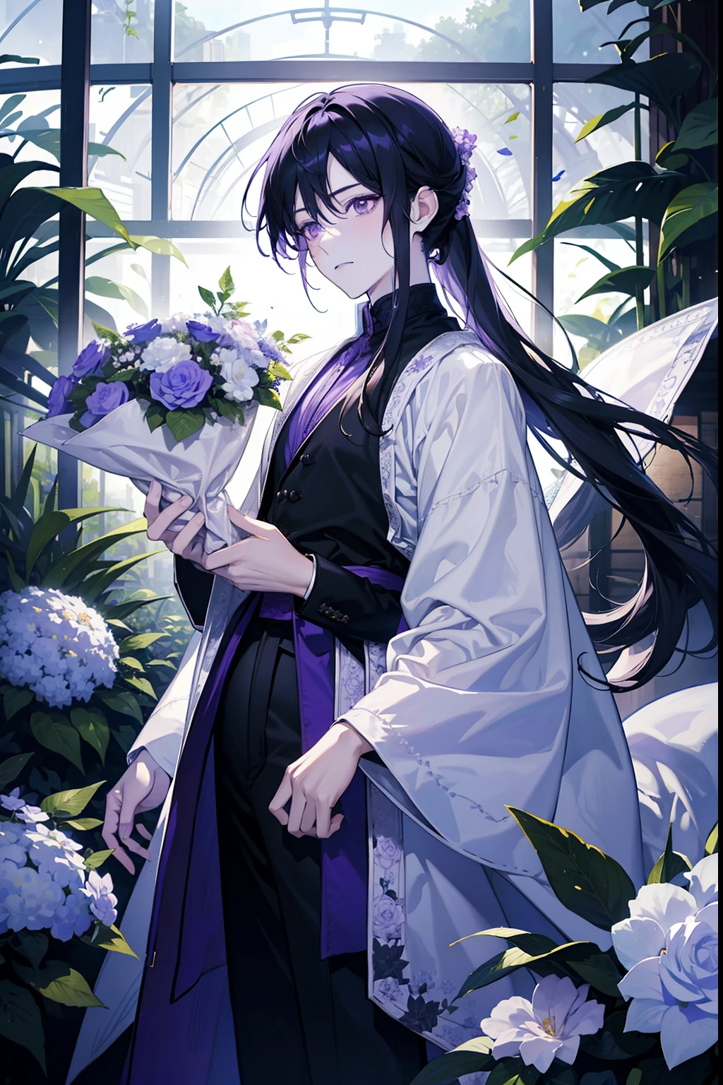 Anime girl with long black hair holding flowers in front of a window -  SeaArt AI