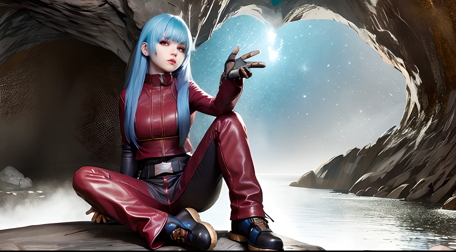 (1girl sitting on the rock in a dark cave:1.5), volumetric lighting from above, river inside a cave as background, blue hair, (looking at the camera:2), full body , ( Best quality, masterpiece:1.5), Beautiful face, Detailed eyes, detailed hair, light in face, long hair, ice blue color long hair, swept bangs, (the king of fighters:0.7) ,dark red tight leather jacket and pants, (capo130xx:0.5), full body,