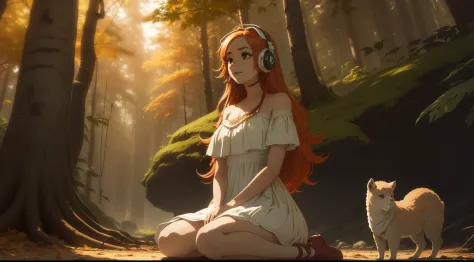 1 girl, (((headphone branco)), (seios pequenos), (with bohemian dress without necklines), (cabelo ginger), uma mulher linda com ...