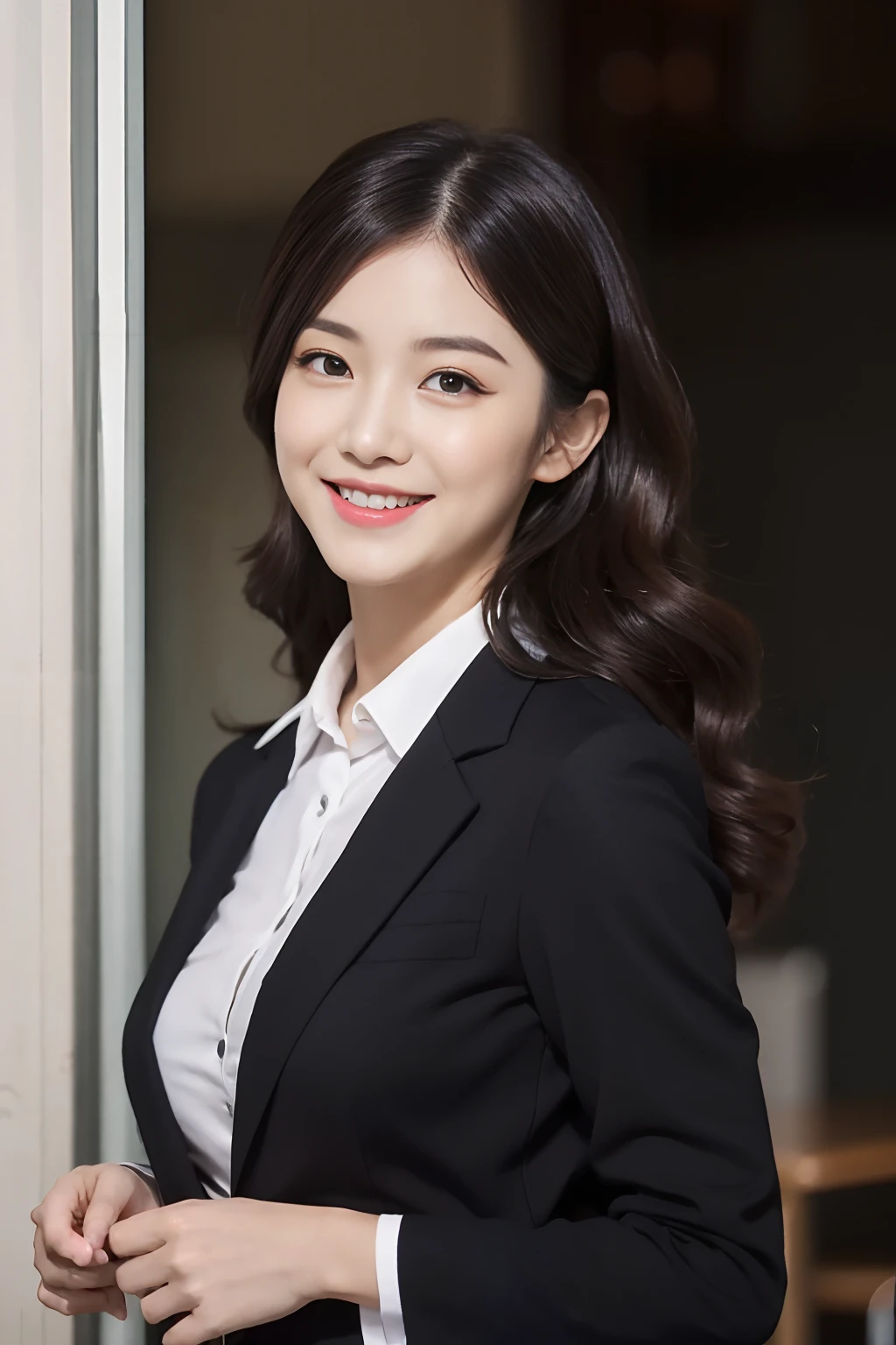 ((Best quality, 8K, Masterpiece: 1.3)), a beauti, In addition, Melon face, Friendly and lovely, Sweet smile, Pure desire, Slender body, (s whole body), (Tilted head), ((looking at the camera in)), Medium black silky loose waves，, Long flowing shoulders, round black big eyes, Clear big eyes, Moist red lips, Coffee shop background, ((Full body shooting)), (Dark orange blazer, the bow, sockes, High school uniform: 1.2, ), (Middle breast)，（Coquettish|Hot|wave|Coquettish|Hot，expressioness），Hot and lovely woman,