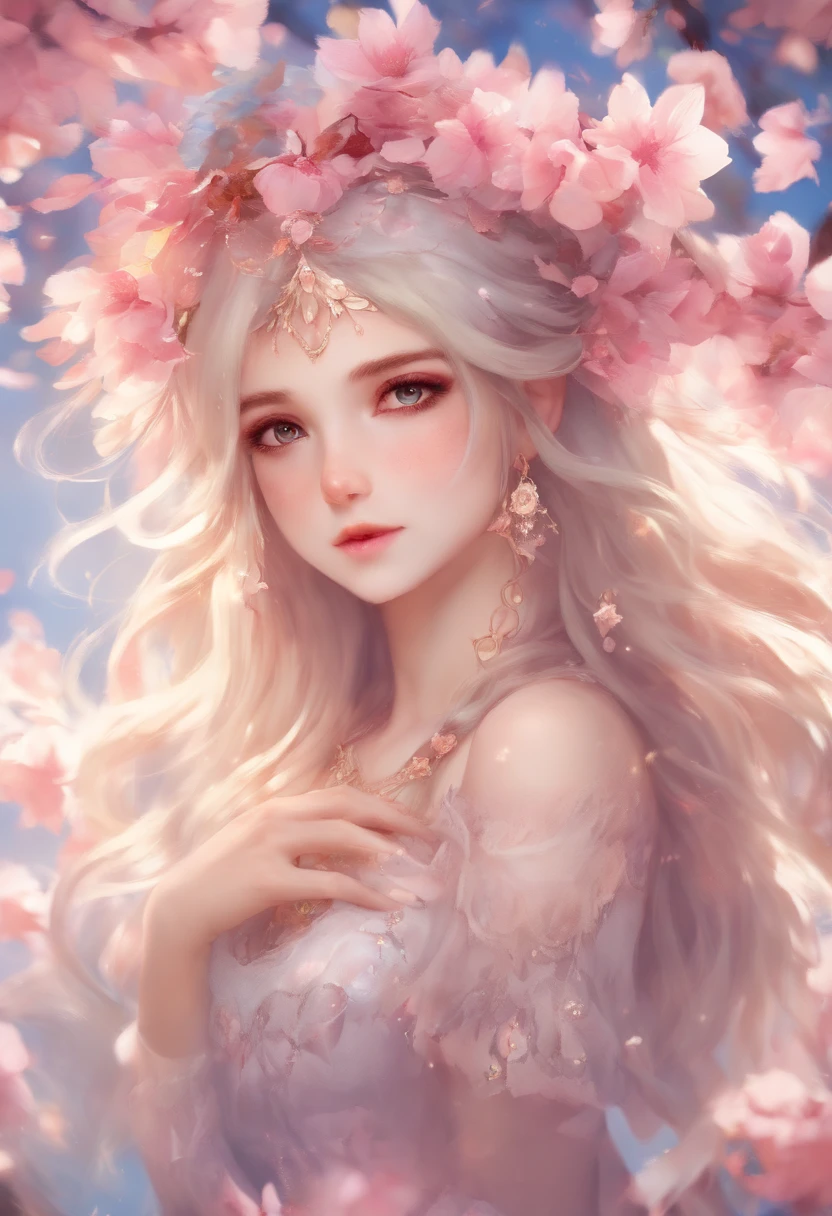 (highres:1.2, realistic:1.37), vibrant colors, surreal, ethereal, enchanting, (fantasy, whimsical:1.1), female, cherry blossom, hybrid, (detailed, intricate:1.1) floral patterns, magical, (flowing, long) hair, (delicate, graceful) pose, (luminous, glowing) skin, (exquisite, intricate) costume, (dreamlike, hazy) background, (soft, gentle) lighting
