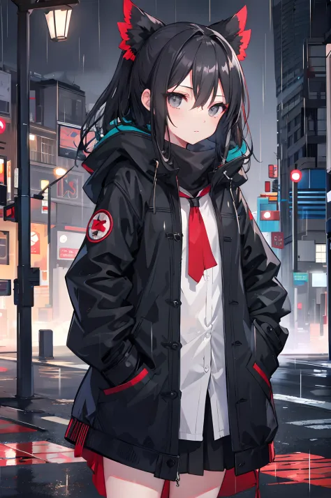 1girl,night city,rain,coat,hands in pockets, Hakurei Reimu, gray eyes, black hair, small breasts