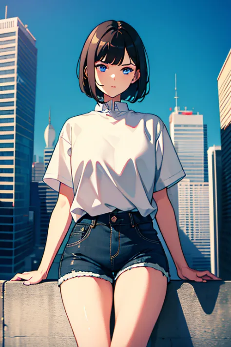 1girl, short black hair, blue eyes, wearing plain white shirt, denim shorts, city, absurdres, high res, ultrasharp, 8K, masterpi...