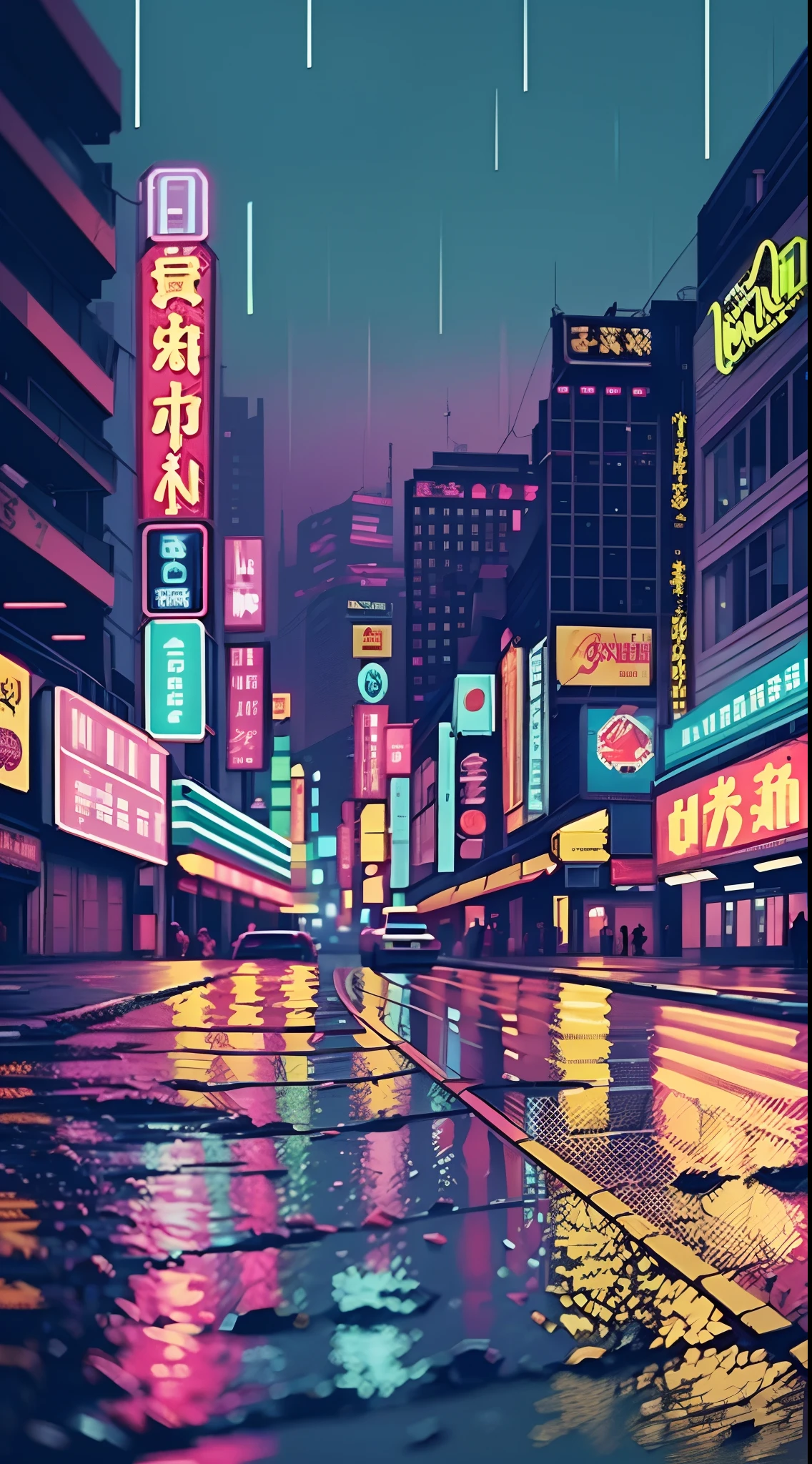 (bokeh effect), (dinamic angle), ((Masterpiece artwork)), (streets of tokyo), (zebracross), (Raby), (natta), empty city, tenebrosa, (neon), pixelart, ((pixelated)), cyberpunk, (retro)