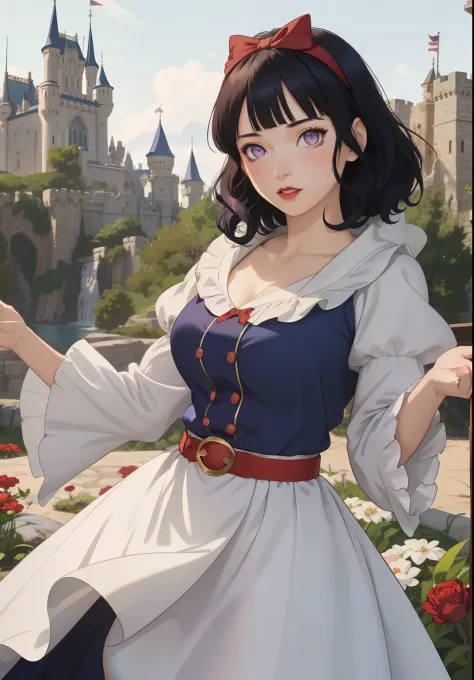 (snow white Waifu:1), surprised, beautiful pose, looking at the viewer, thick thighs, ( dress,Luffy sleeves:1.3), (short curly d...