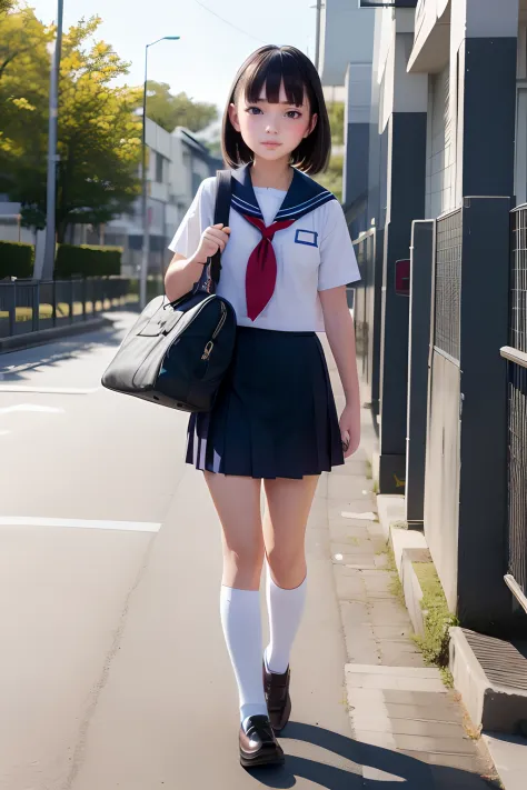 A 16 year girl，Carrying a school bag，Wear a sailor school uniform，Walk towards the school gate