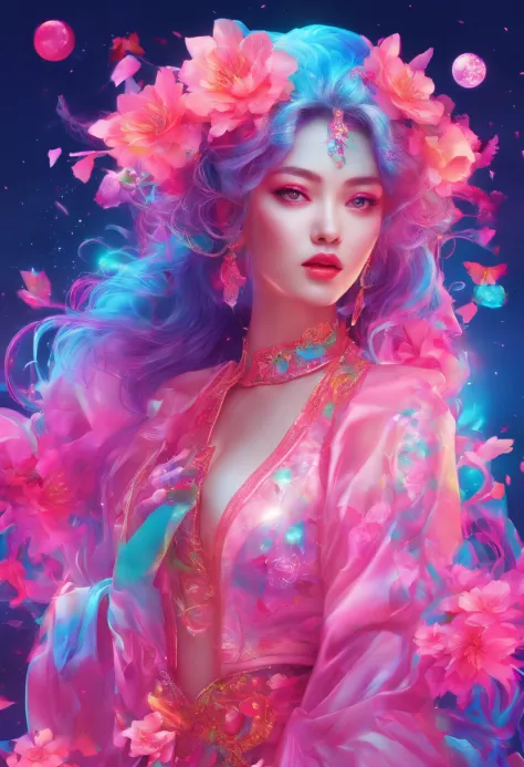 (highres:1.2, realistic:1.37), vibrant colors, surreal, ethereal, enchanting, (fantasy, whimsical:1.1), female, cherry blossom, hybrid, (detailed, intricate:1.1) floral patterns, magical, (flowing, long) hair, (delicate, graceful) pose, (luminous, glowing)...