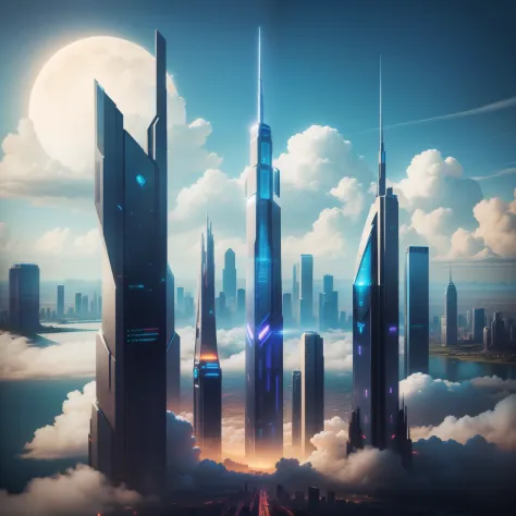 cyberpunked　futuristic cities　Skyscrapers　HD Images　Skyscrapers tall through the clouds　top-quality　​masterpiece　ＳＦart by　epcot　ＳＦFantasy City　planet earth　epcot
