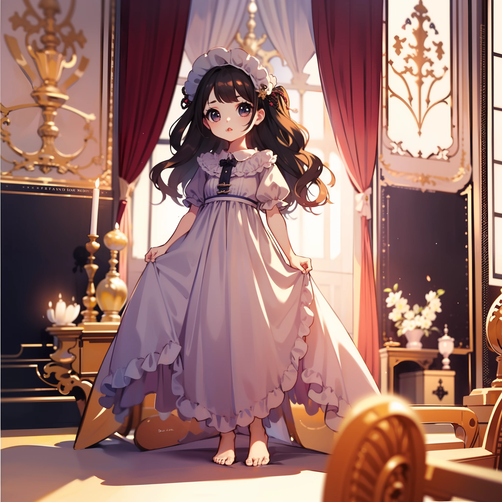 very cute female child:1.1,10 yo,action:1.6,Gothic Lolita cloth:1.8,b dutch angle shot,dynamic angle:1.6,ground-level shot,low angle,full body shot,medium shot,BREAK Barefoot,livingroom:1.5,Summer,day, Long hair,flat chest,Wind,Drooping sweat:1.1,BREAK (extremely detailed CG unity 8k portrait),(highly detailed fingers),(Masterpiece: 1.3),(ultra detailed face),(Exquisite Detail: 1.2),highly detail Eye,(Highest Quality:1.4), (Super-Resolution: 1.2),(super fine illustration), Eyelashes, Best Quality,super detailed skin,