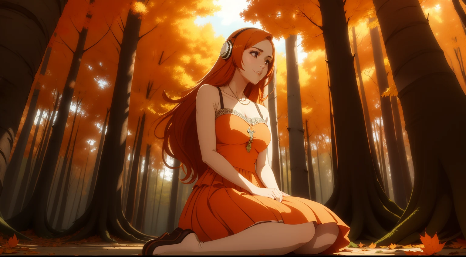 1 girl, ((seios muito pequenos)), ((headphone branco)), (with bohemian dress without necklines), (cabelo ginger), uma mulher linda com sutil sorriso, pele brilhante detalhada, meditation sitting on the floor in lotus posture, in a forest full of autumn trees with leaves in shades of orange and red. O solo coberto de folhas cria uma atmosfera calma