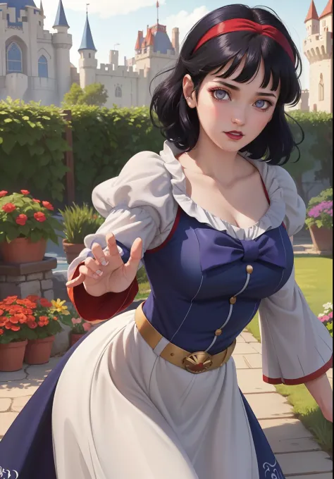 (snow white Waifu:1), surprised, beautiful pose, looking at the viewer, thick thighs, ( dress,Luffy sleeves:1.3), (short curly d...