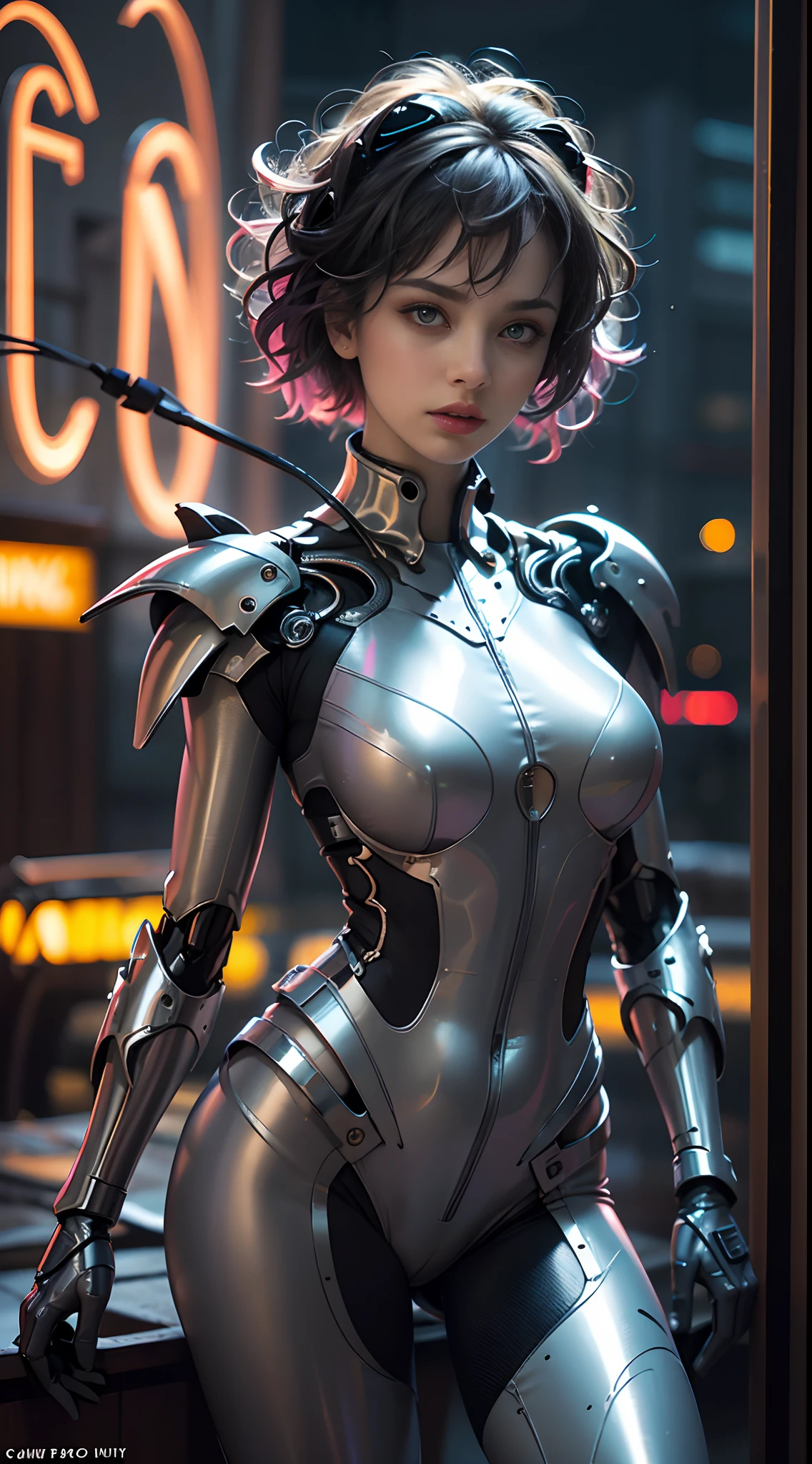 unreal engine:1.4,UHD,La Best Quality:1.4, photorealistic:1.4, skin texture:1.4, Masterpiece:1.8,first work, Best Quality, 1girl, Ives Girl, mecha, beautiful  lighting, (neon light: 1.2), (evening: 1.5), "first work, Best Quality, 1chica, Full length portrait, pose sensual, blue eyes, multicolored hair+the payment:1.3+yellow:1.3+green:1.3, Sculpted legs and tempting curves, full breasts, Beautiful face, many drops of water, clouds, twilights, Open floor plan, watercolor, neon light:1.2, evening:1.5, mecha, beautiful  lighting, Bright neon light: 1.2, unforgettable mysterious night: 1.5",,beautiful fine hands