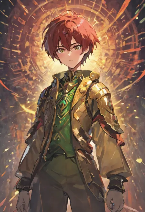 a 17-year-old teenage boy, 1 boy, brown short hair, short hair parted in the middle, bright green eyes, without a beard, without a goatee, no facial hair, silver and red medieval knight armor, red clothes, highly detailed, A high resolution， Sharp focus, u...