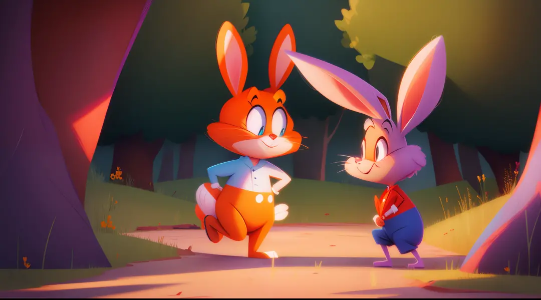 Cartoon image, vibrant colors, Tommy approached Robbie, a worried rabbit. “Hey Robbie, have you noticed anything strange going on around here?