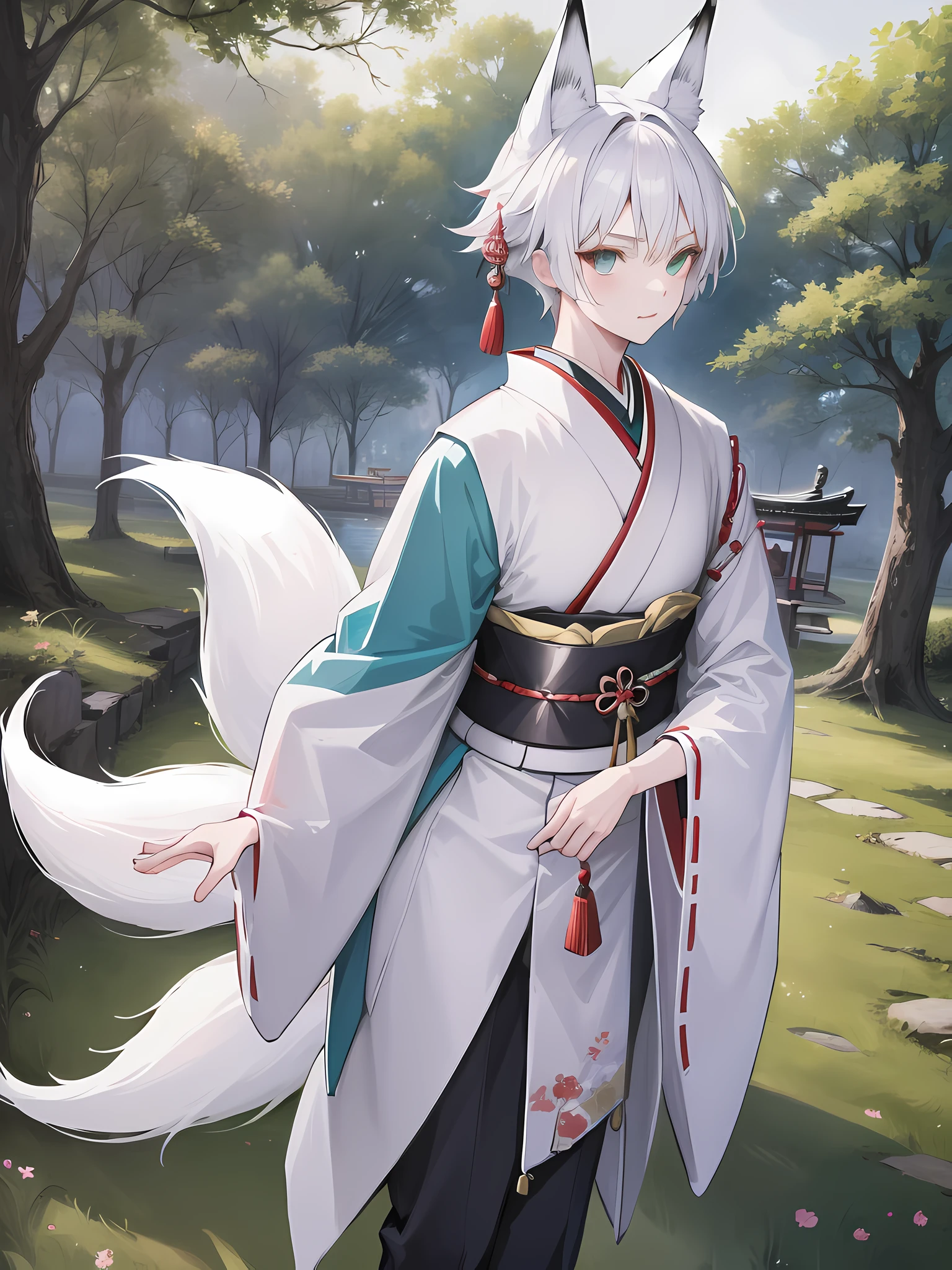 1boy, short white hair, teal eyes, fox ears, three fox tails, white fur, wearing traditional Japanese clothes, forest, absurdres, high res, ultrasharp, 8K, masterpiece, looking at viewer