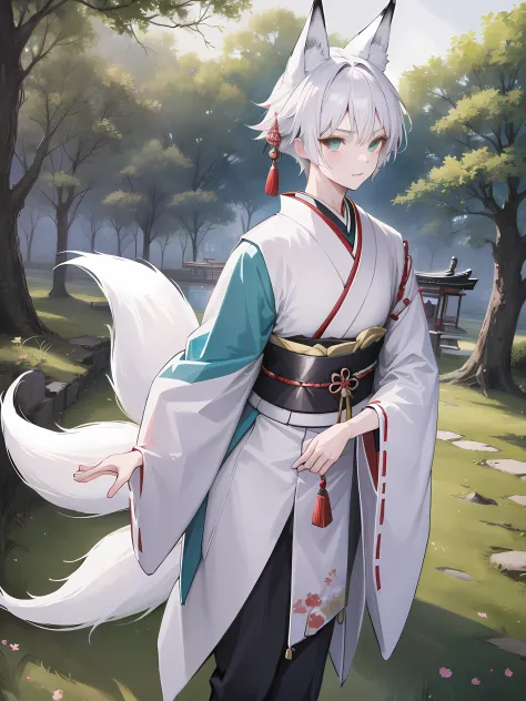 1boy, short white hair, teal eyes, fox ears, three fox tails, white fur, wearing traditional Japanese clothes, forest, absurdres...