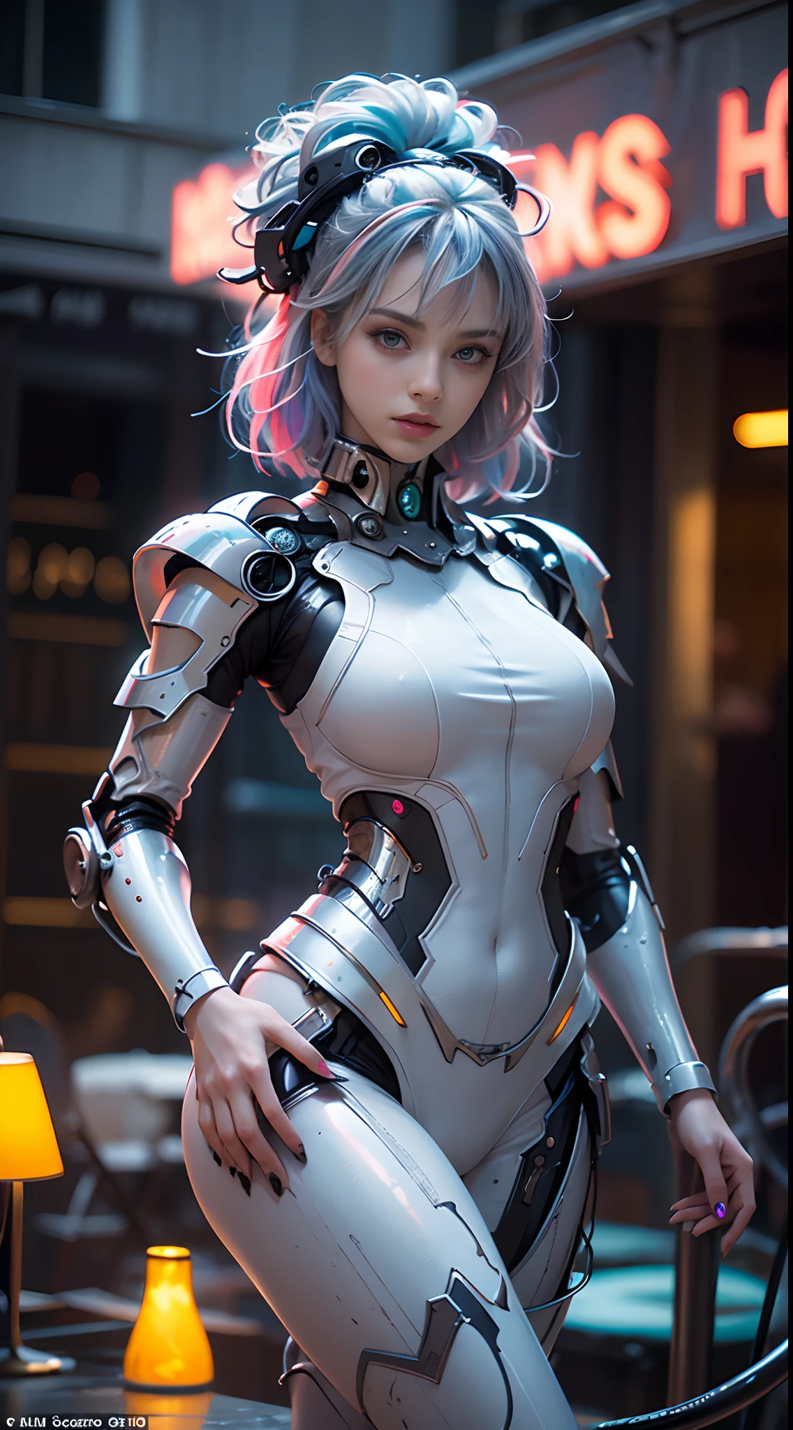 unreal engine:1.4,UHD,La Best Quality:1.4, photorealistic:1.4, skin texture:1.4, Masterpiece:1.8,first work, Best Quality, 1girl, Ives Girl, mecha, beautiful  lighting, (neon light: 1.2), (evening: 1.5), "first work, Best Quality, 1chica, Full length portrait, pose sensual, ojos bluees, multicolored hair+the payment:1.3+rosado:1.3+blue:1.3, Sculpted legs and tempting curves, full breasts, Beautiful face, many drops of water, clouds, twilights, Open floor plan, watercolor, neon light:1.2, evening:1.5, mecha, beautiful  lighting, Bright neon light: 1.2, unforgettable mysterious night: 1.5",,beautiful fine hands
