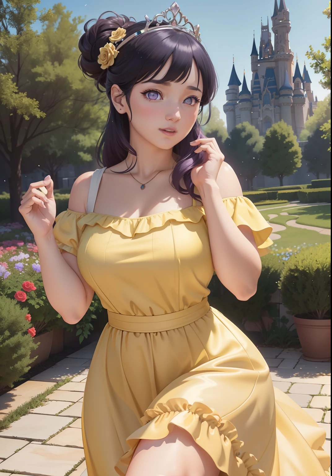 (BelleWaifu:1), surprised, beautiful pose, looking at the viewer, thick thighs, (long yellow dress:1.2), (hair bun, tiara) :D, curvy, (holding a red rose:1),

(realistic: 1.2), (realism), (masterpiece: 1.2), (best quality), (ultra detailed), (8k, 4k, intricate), (full-body-shot: 1), (Cowboy-shot: 1.2), (85mm), light particles, lighting, (highly detailed: 1.2), (detailed face: 1.2), (gradients), sfw, colorful, (detailed eyes: 1.2),

(detailed landscape, garden, plants, castle: 1.2), (detailed background), detailed landscape, (dynamic angle: 1.2), (dynamic pose: 1.2), (rule of third_composition: 1.3), (line of action: 1.2), wide shot, daylight, soil, Blunt Bangs, purple eyes,dark blue hair