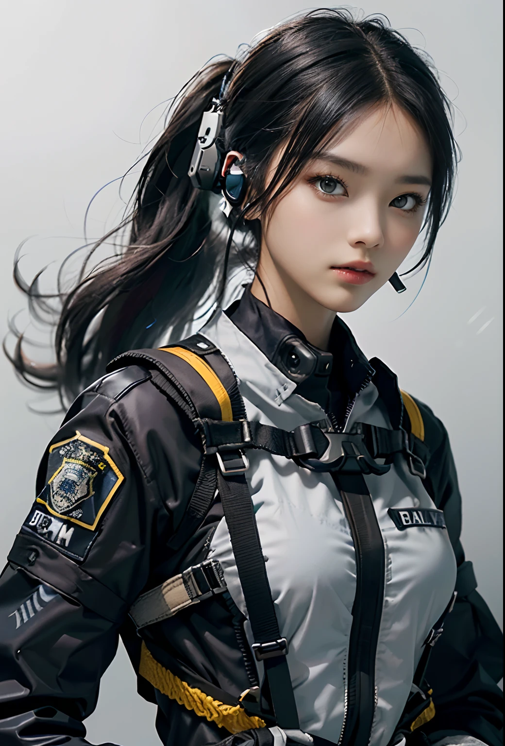 Highest image quality, outstanding details, ultra-high resolution, (realism: 1.4), the best illustration, favor details, highly condensed 1beautiful girl, with a delicate and beautiful face, ((cowboy shot)), (wearing black nylon racing suit likes police uniform, black and gray mecha, (cloths colored base on  black white grey dark-grey red yellow blue), wearing a high-tech headset, military harness, holding a machinegun or bring a machinegun), simple background grey