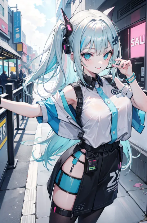 a 1girl, gray blonde hair, Cyan eyes, hairpin on the hair, On the back of the hair is blue, multi-colored hair, Happy smile with long tongue sticking out, Long tongue, gaze at the viewer, Cyberpunk clothes, Shoulders open, Hands open, bracelets on the hand...